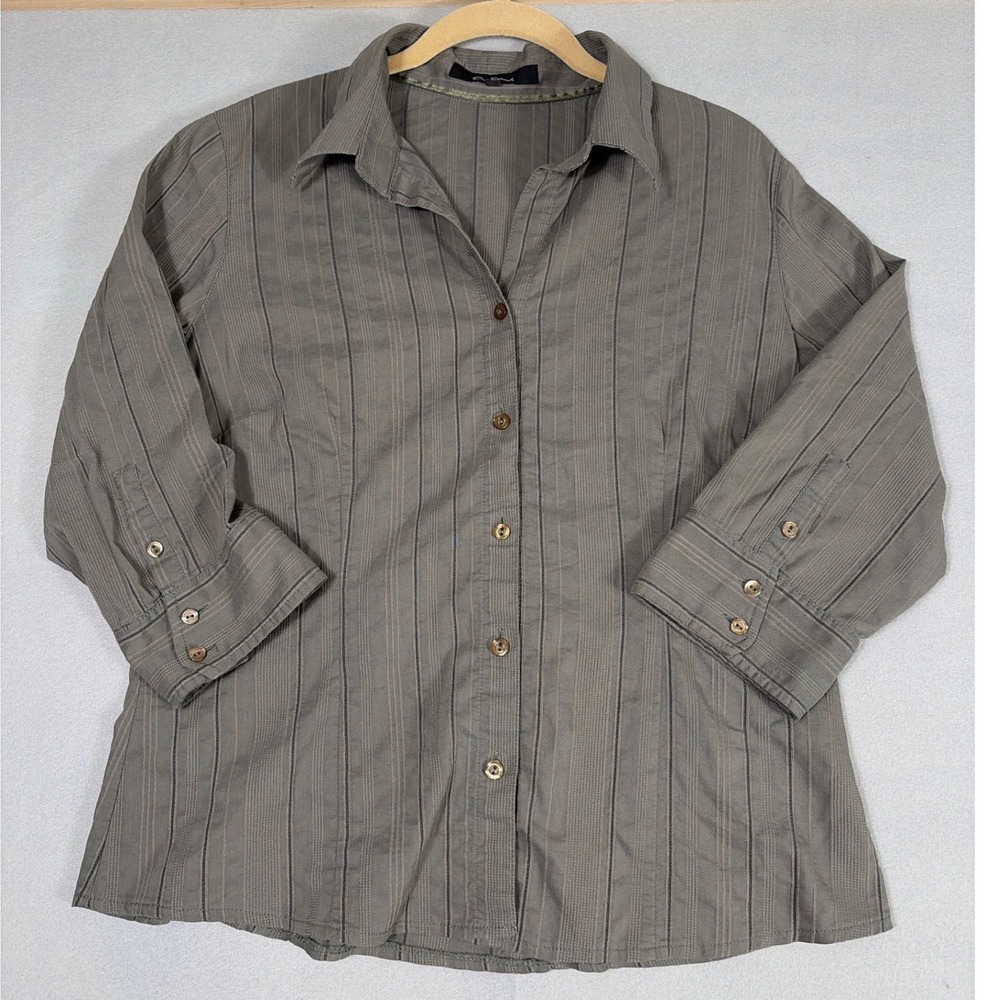 One Touch Women Olive Green Pinstripe Button‎ Down Shirt 3/4 Sleeve Size EUR 40